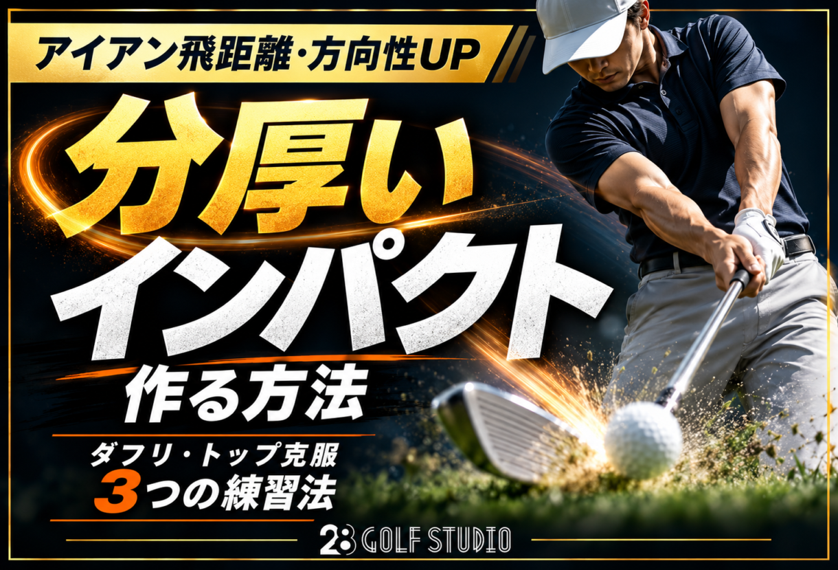 【アイアン飛距離・方向性アップ】憧れの「分厚いインパクト」を作る方法！ダフリ・トップを克服する3つの練習法